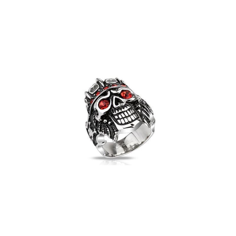 Bague chevalière homme acier inoxydable skull pirate rubis rouge