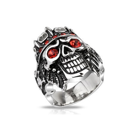 Bague chevalière homme acier inoxydable skull pirate rubis rouge