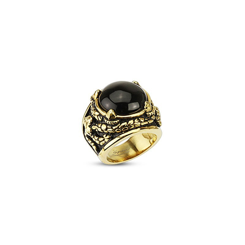 Bague homme pierre naturel Onyx motif Dragon acier inoxydable doré