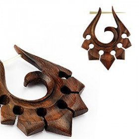 Boucles d'oreille hetnique pour femme motif tribal en bois naturel couleur marron