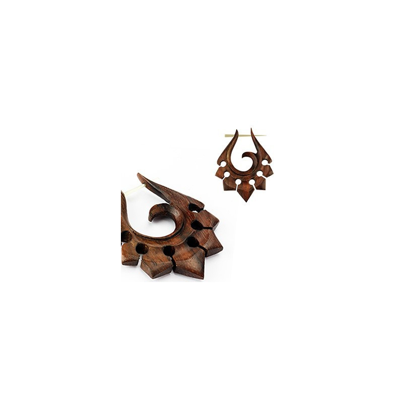 Boucles d'oreille hetnique pour femme motif tribal en bois naturel couleur marron