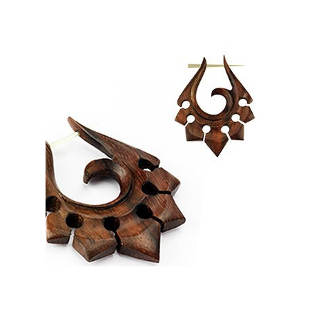 Boucles d'oreille hetnique pour femme motif tribal en bois naturel couleur marron