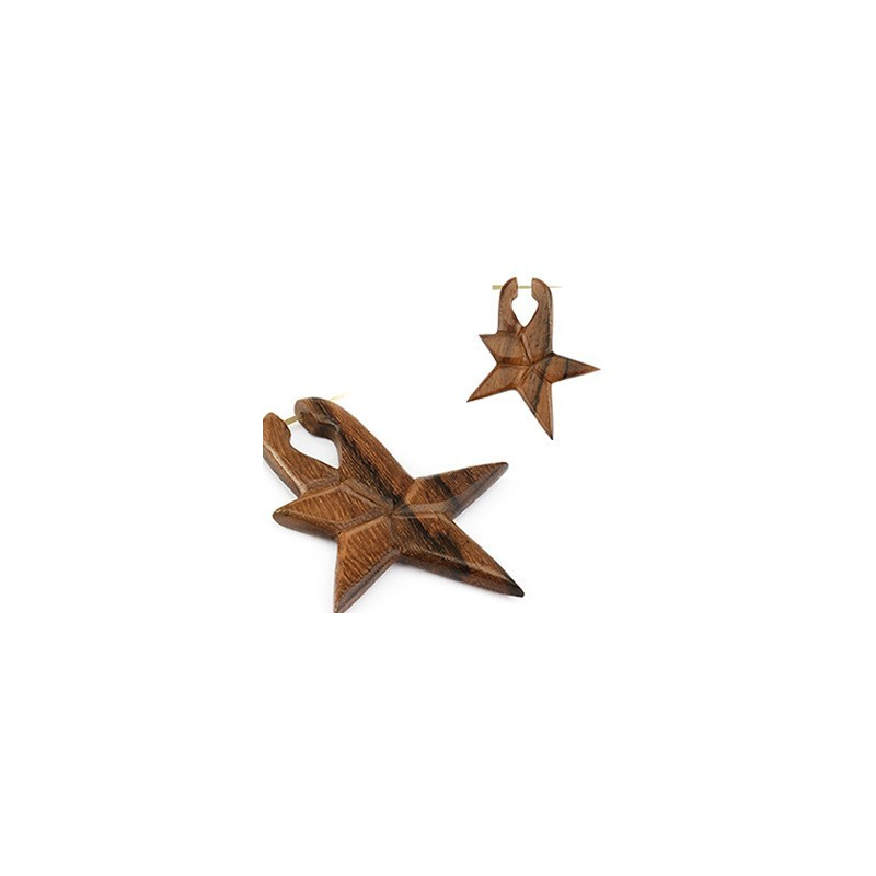 Boucles d'oreille hetnique pour femme motif étoile pleine en bois naturel fait main