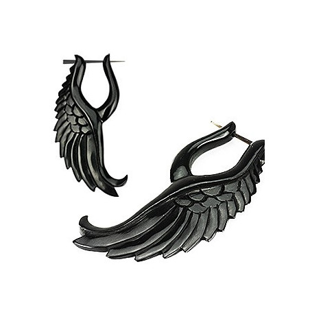 Boucle d'oreille ethnique pour femme motif Aile d'ange sculpteé en corne noir