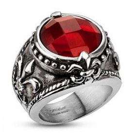 Bague en acier inoxydable pour homme motif Antique Fleur de Lys cristal rouge