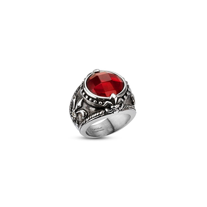 Bague en acier inoxydable pour homme motif Antique Fleur de Lys cristal rouge