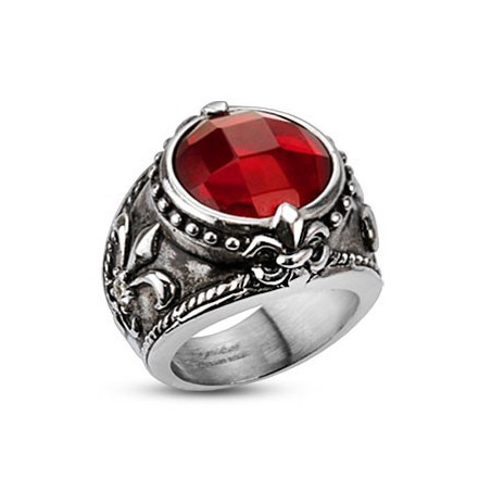 Bague en acier inoxydable pour homme motif Antique Fleur de Lys cristal rouge