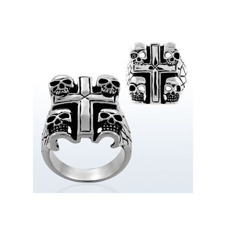 Bague homme croix 4 tête de mort acier inoxydable grande taille petite taille homme femme