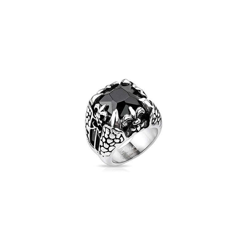 Bague Homme Acier Noir Onyx Avec Motif Fleur De Lys Et Griffes De Dragon - Style Gothique, Largeur 2.2 Cm