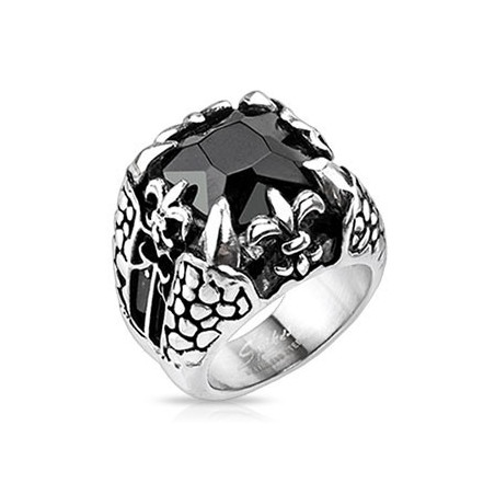 Bague chevalière gothique pour homme en acier inoxydable Fleur de Lys griffe Dragon noir