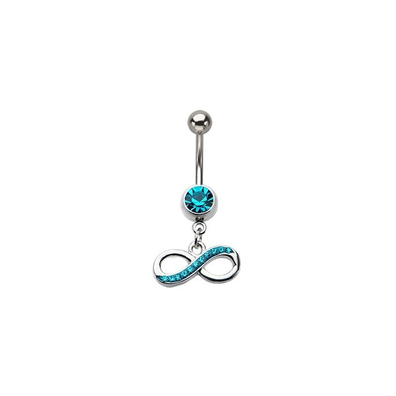 Piercing nombril acier chirurgical pendentif 8 infini cristal Bleu tirquoise