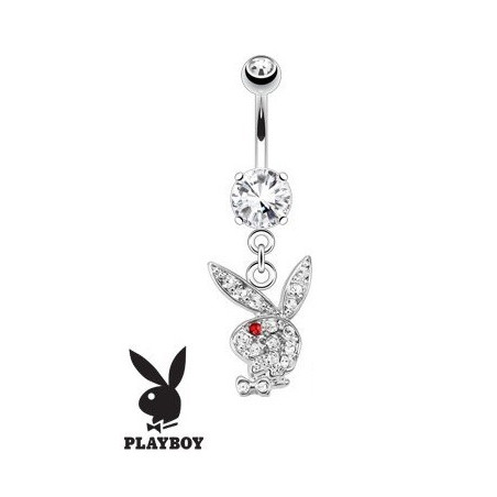 Piercing nombril Playboy en cristal blanc et rouge et acier chirurgical