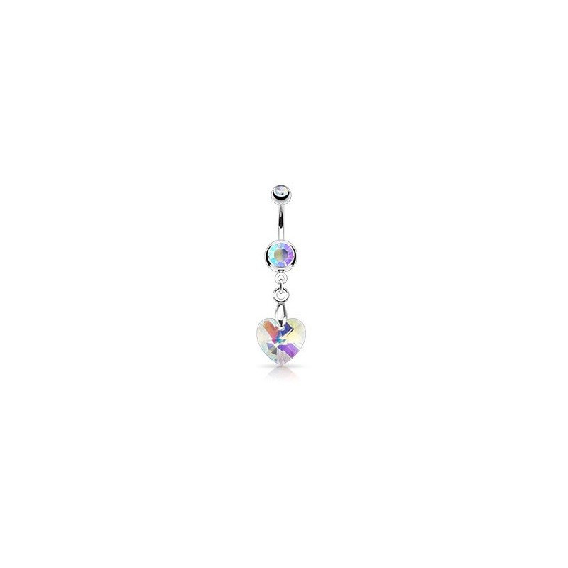 Piercing nombril en acier chirurgical pendentif motif Coeur en cristal couleur blanc irisé pas cher Piercing nombril en acier chirurgical pendentif motif Coeur en cristal couleur blanc irisé pas cher