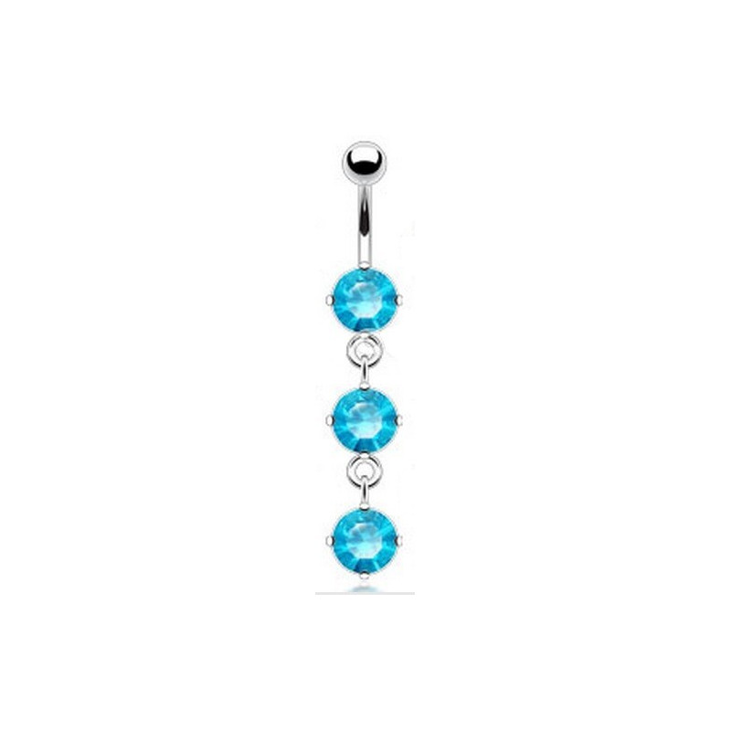 piercing nombril long pendant trois cristaux couleur Bleu en acier chirurgical