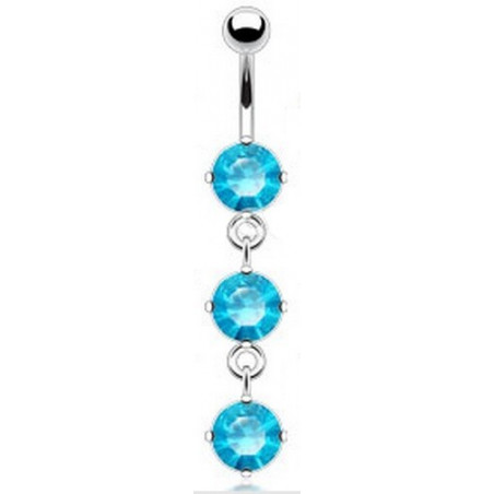 piercing nombril long pendant trois cristaux couleur Bleu en acier chirurgical