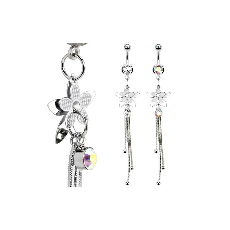 Piercing nombril en acier chirurgical avec Cristal chaine Petales de Fleur longue chaine pendant