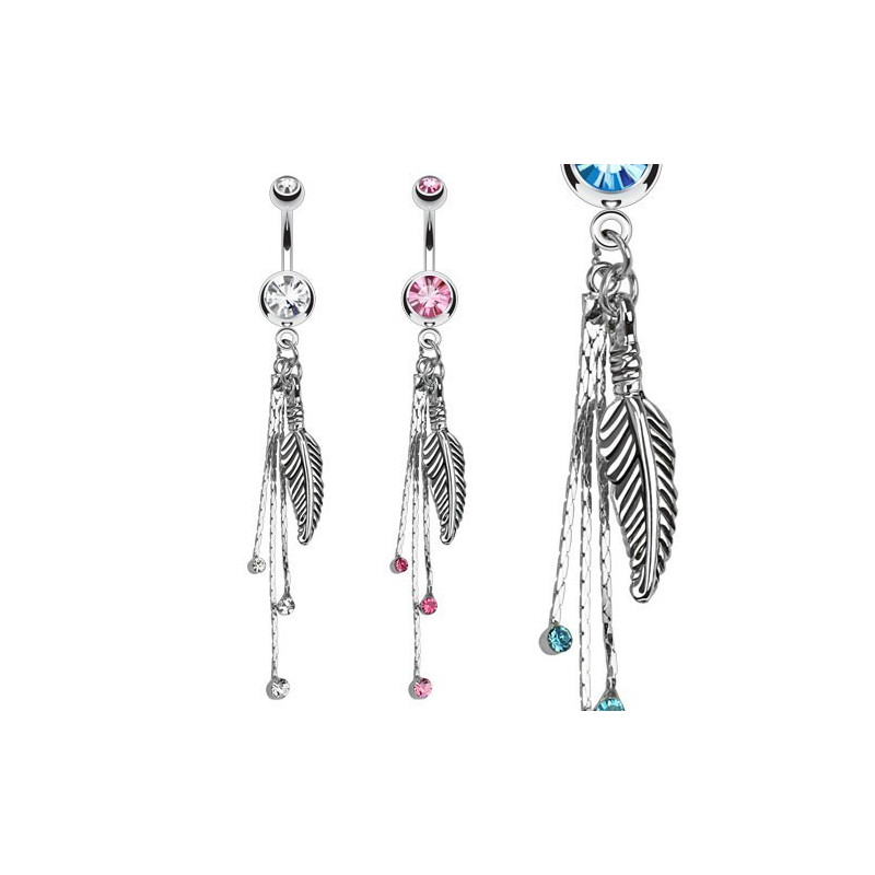 Piercing nombril en acier chirurgical pendant long motif plume avec cristal de couleur