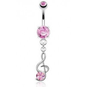 Piercing nombril en acier chirurgical pendentif Clef de sol cristal Rose