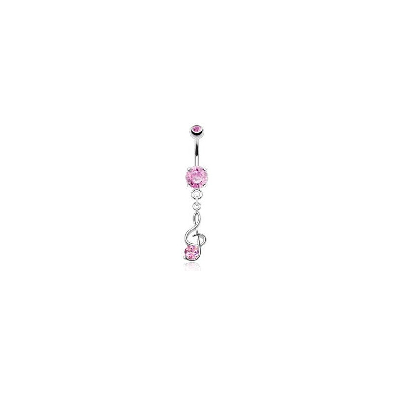 Piercing nombril en acier chirurgical pendentif Clef de sol cristal Rose