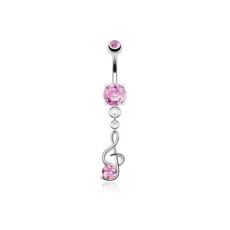 Piercing nombril en acier chirurgical pendentif Clef de sol cristal Rose