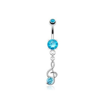 Piercing nombril en acier chirurgical pendentif Clef de sol cristal couleur Bleu turquoise