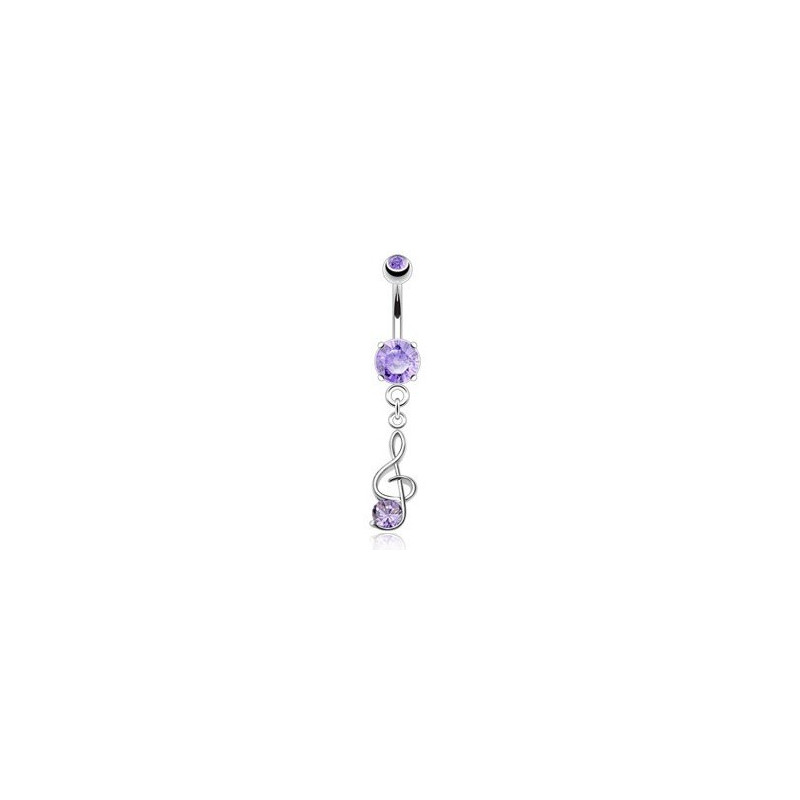 Piercing nombril en acier chirurgical pendantif articulé Clef de sol cristal couleur Violet