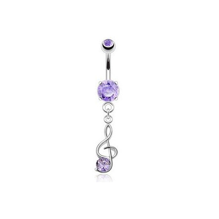 Piercing nombril en acier chirurgical pendantif articulé Clef de sol cristal couleur Violet