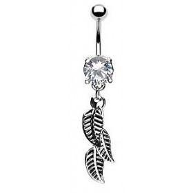 Piercing nombril en acier chirurgical pendentif trois plume acier banane cristal couleur blanc