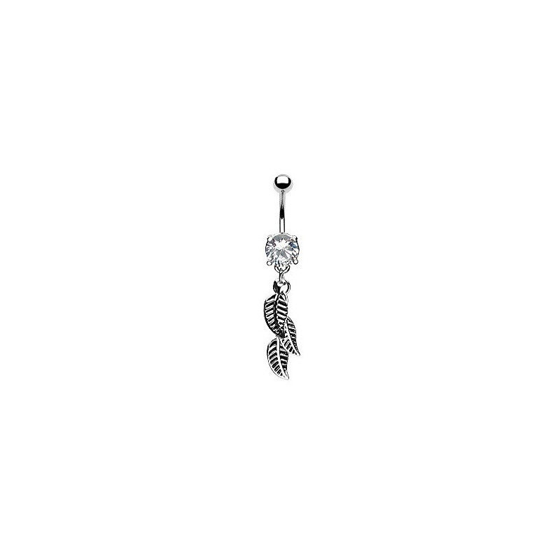 Piercing nombril en acier chirurgical pendentif trois plume acier banane cristal couleur blanc
