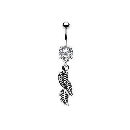 Piercing nombril en acier chirurgical pendentif trois plume acier banane cristal couleur blanc