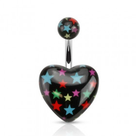 Piercing nombril barre acier chirurgical Coeur noir en acrylique logo étoile multicolore