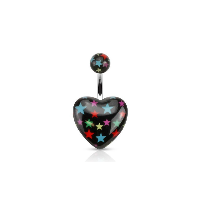 Piercing nombril barre acier chirurgical Coeur noir en acrylique logo étoile multicolore