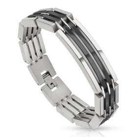 Bracelet gourmette pour homme en acier Bicolores argent et noir pas cher