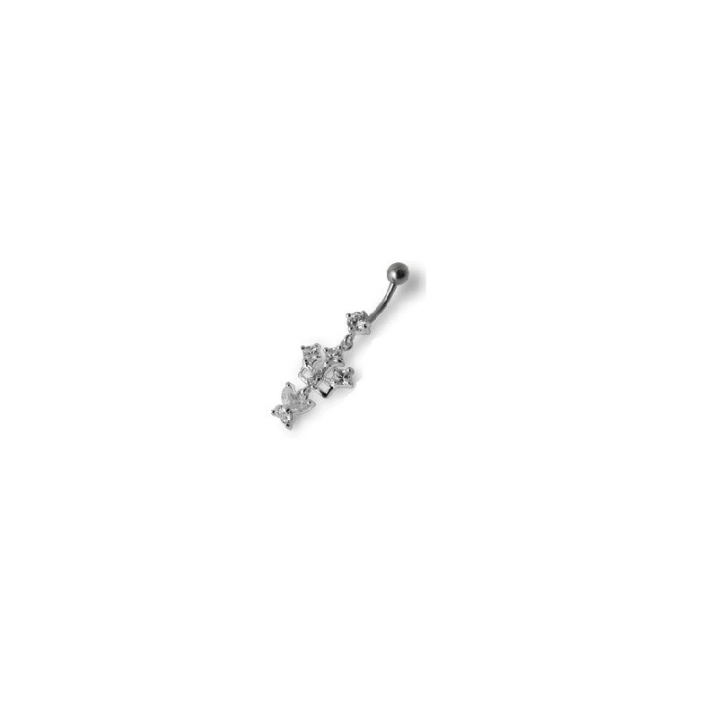 Piercing nombril pendant motif argent massif  et cristal barre acier chirurgical