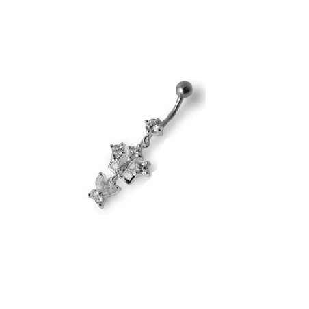 Piercing nombril pendant motif argent massif  et cristal barre acier chirurgical