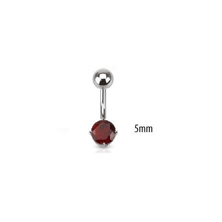 Piercing nombril acier chirurgical solitaire cristal oxyde de zirconium de 5 mm couleur rouge