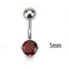 Piercing nombril acier chirurgical solitaire cristal oxyde de zirconium de 5 mm couleur rouge