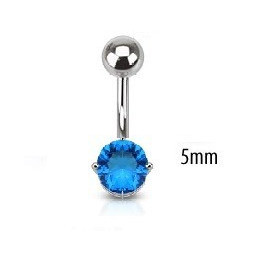 Piercing nombril acier chirurgical solitaire cristal oxyde de zirconium de 5 mm couleur bleu turquoise