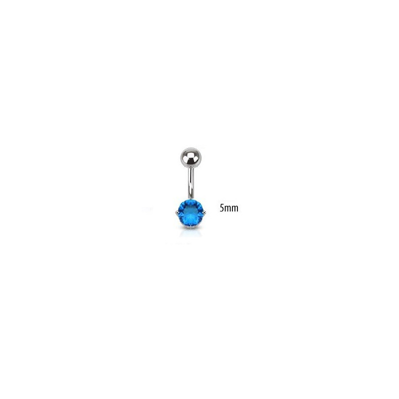 Piercing nombril acier chirurgical solitaire cristal oxyde de zirconium de 5 mm couleur bleu turquoise