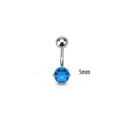 Piercing nombril acier chirurgical solitaire cristal oxyde de zirconium de 5 mm couleur bleu turquoise