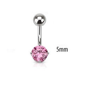 Piercing nombril acier chirurgical solitaire cristal oxyde de zirconium de 5 mm couleur rose