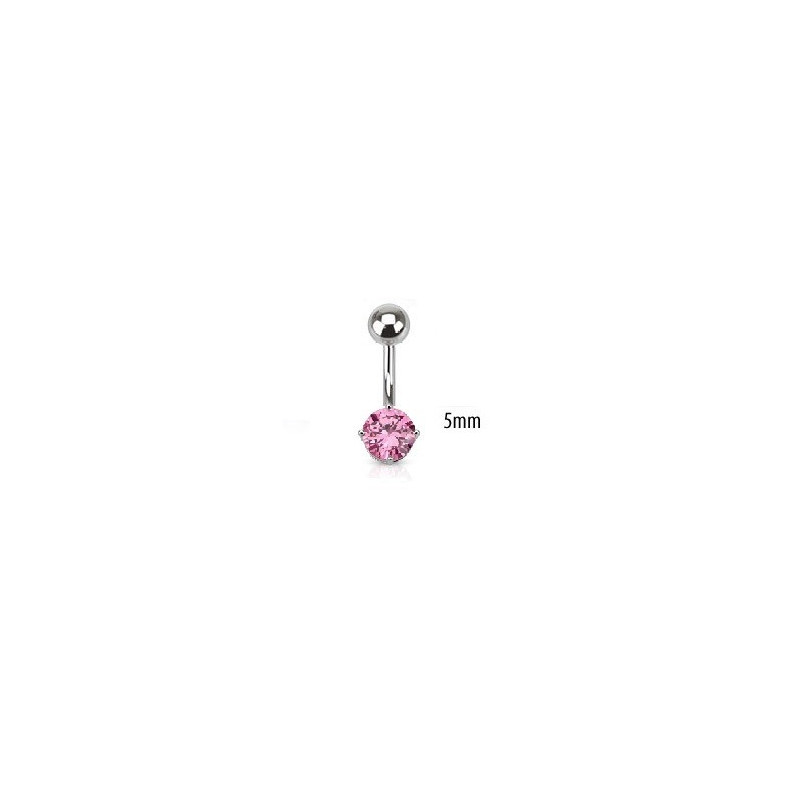 Piercing nombril acier chirurgical solitaire cristal oxyde de zirconium de 5 mm couleur rose