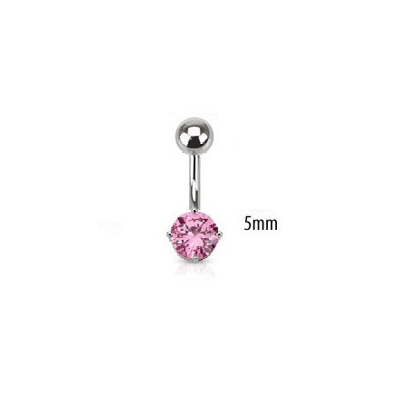 Piercing nombril acier chirurgical solitaire cristal oxyde de zirconium de 5 mm couleur rose