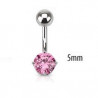 Piercing nombril acier chirurgical solitaire cristal oxyde de zirconium de 5 mm couleur rose