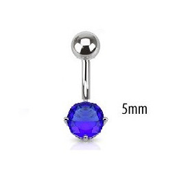 Piercing nombril acier chirurgical solitaire cristal oxyde de zirconium de 5 mm couleur bleu saphir