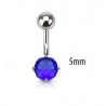 Piercing nombril acier chirurgical solitaire cristal oxyde de zirconium de 5 mm couleur bleu saphir