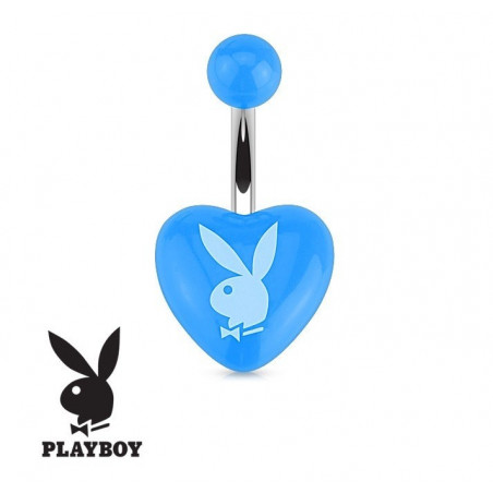 Piercing nombril barre acier chirurgical de la marque Playboy motif coeur bleu logo playboy blanc