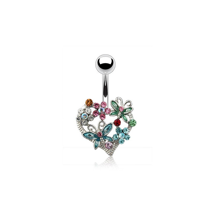 Piercing nombril acier chirurgical 316l coeur papillon fleur multicolores