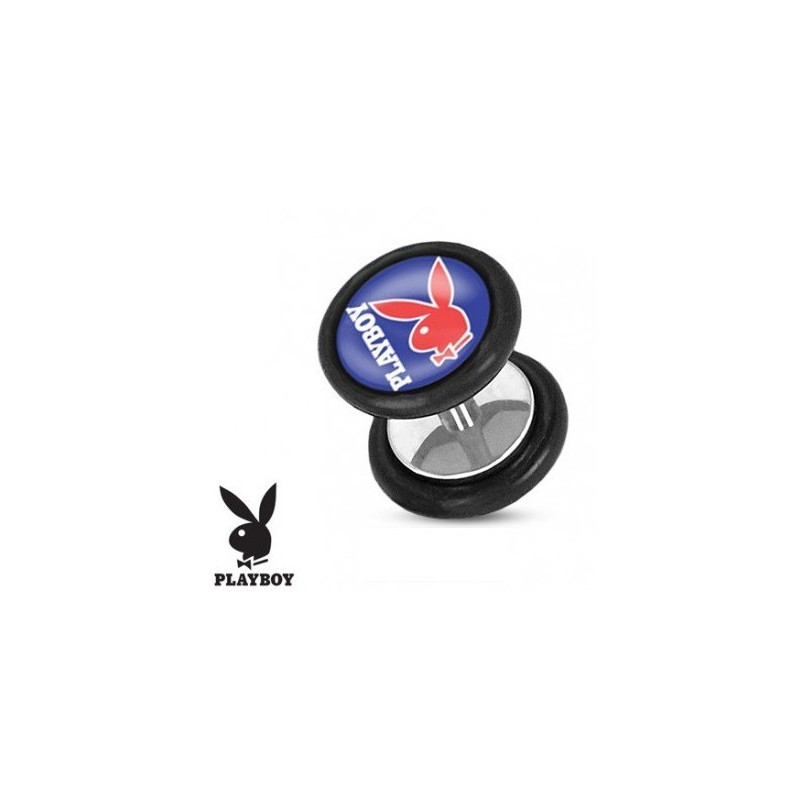 Faux piercing plug acier chirurgical marque playboy logo bleu et rouge