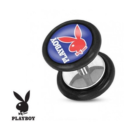 Faux piercing plug acier chirurgical marque playboy logo bleu et rouge